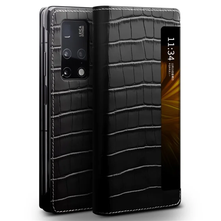 Sac de Couverture de Téléphone Qialino Pour Huawei Mate X2, Anti-spy Auto Wake Up / Fence de Sommeil Venture Véritable Étui de Téléphone en Cuir Vache de Vache - le Noir