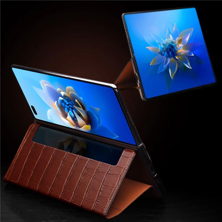 Qialino Telefonabdeckungstasche Für Huawei Mate X2, Anti-spy Auto Wake Up Up / Schlafansicht Fenster Echtes Kuhläsesoten Leder Telefon Hülle - Schwarz