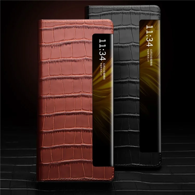 Sac de Couverture de Téléphone Qialino Pour Huawei Mate X2, Anti-spy Auto Wake Up / Fence de Sommeil Venture Véritable Étui de Téléphone en Cuir Vache de Vache - le Noir