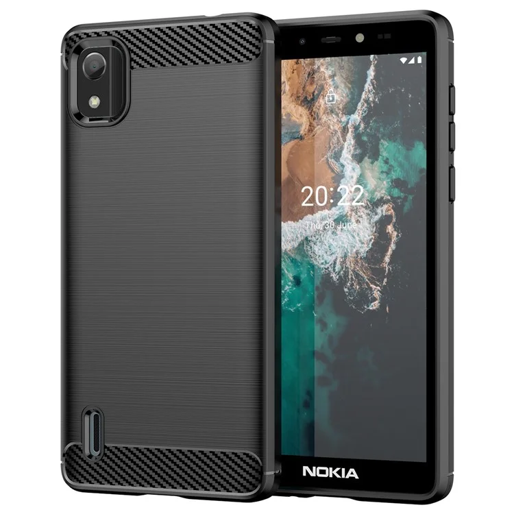 Brushed Slim Phone Case for Nokia C2 2nd Edition, Carbon Fiber Texture TPU Shell Anti-fingerprint Well-protected Phone Cover - Black