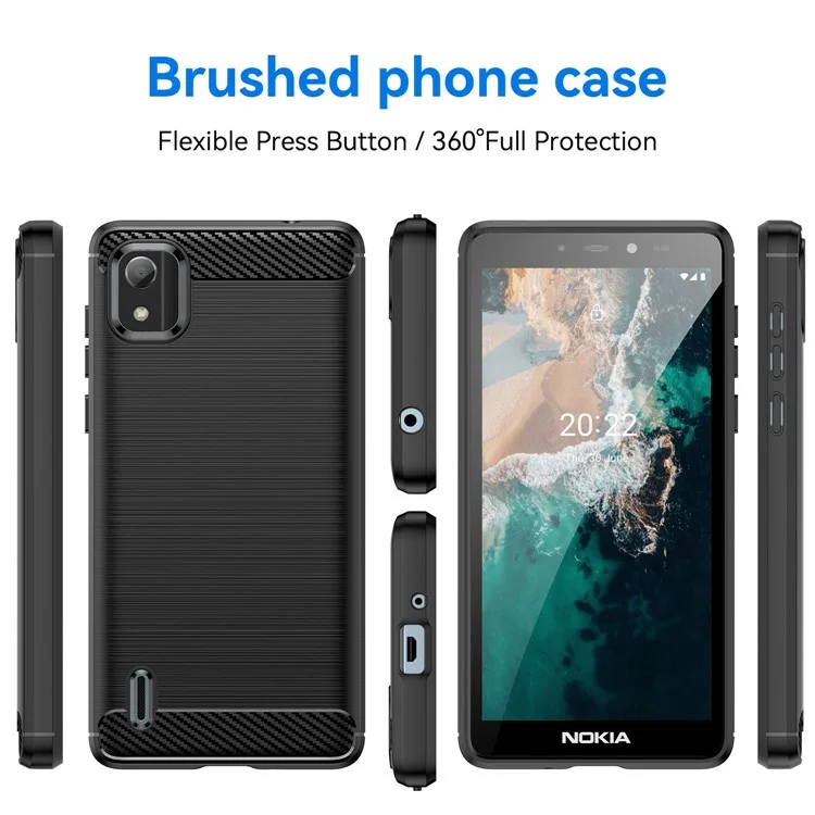 Brushed Slim Phone Case for Nokia C2 2nd Edition, Carbon Fiber Texture TPU Shell Anti-fingerprint Well-protected Phone Cover - Black