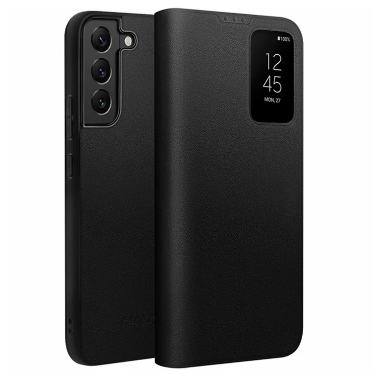 QIALINO For Samsung Galaxy S22 5G Smart Auto Wake Up / Sleep View Window Phone Case Genuine Cowhide Leather Phone Flip Cover - Black