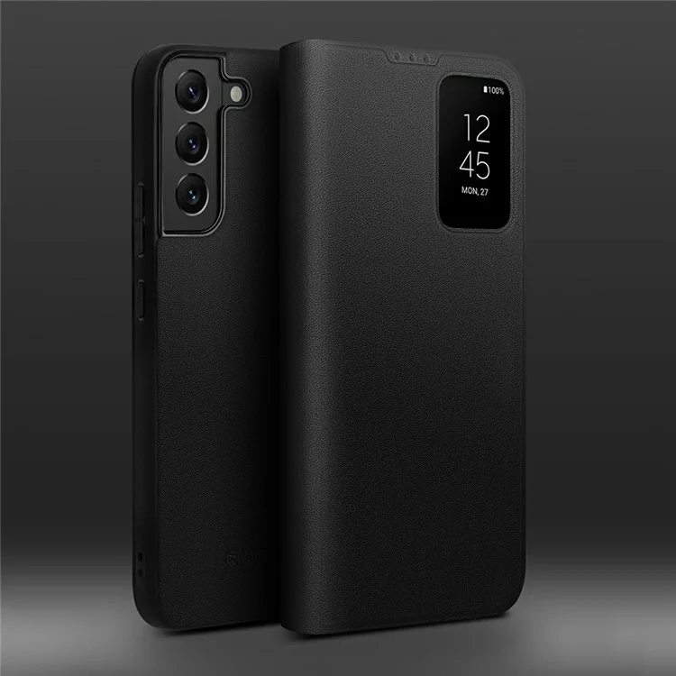 QIALINO For Samsung Galaxy S22 5G Smart Auto Wake Up / Sleep View Window Phone Case Genuine Cowhide Leather Phone Flip Cover - Black