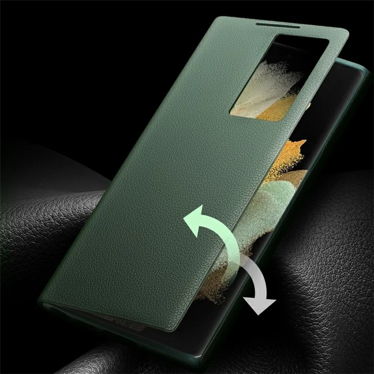 QIALINO For Samsung Galaxy S22 5G Smart Auto Wake Up / Sleep View Window Phone Case Genuine Cowhide Leather Phone Flip Cover - Black