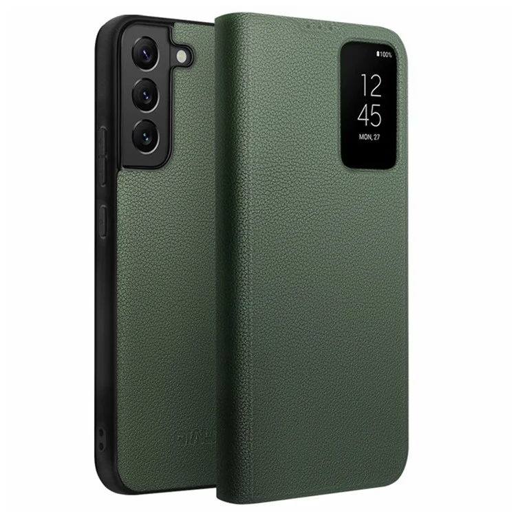 QIALINO Phone Cover Bag for Samsung Galaxy S22+ 5G, Smart Auto Wake Up / Sleep View Window Genuine Cowhide Leather Phone Case - Green