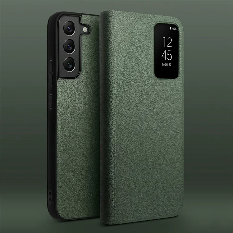 QIALINO Phone Cover Bag for Samsung Galaxy S22+ 5G, Smart Auto Wake Up / Sleep View Window Genuine Cowhide Leather Phone Case - Green