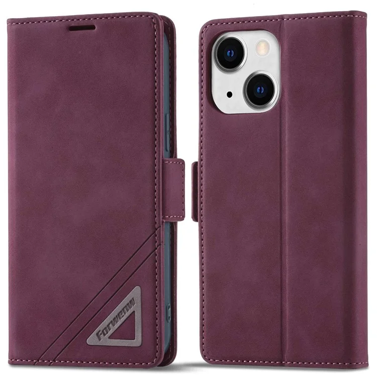 FORWENW F3-Series Para Iphone 13 6.1 Pulgadas de Billetera Doble Magnetic Case PU Cubierta de Teléfono de Cuero Con Soporte - Vino Rojo