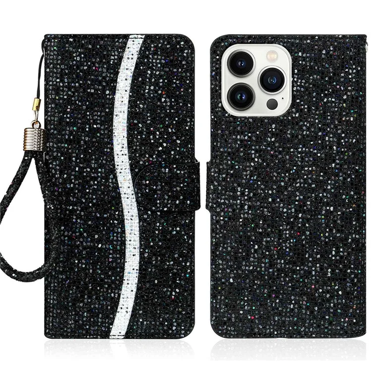 Para iPhone 14 Pro Max 6.7 polegadas Glitter PU Leather Stand Phone Case Bling Magnetic Anti-wear Shockproof Cover with Hand Strap - Preto