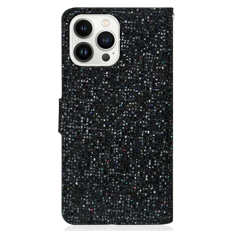 Para iPhone 14 Pro Max 6.7 polegadas Glitter PU Leather Stand Phone Case Bling Magnetic Anti-wear Shockproof Cover with Hand Strap - Preto