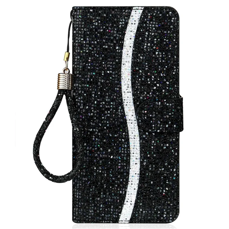 Para iPhone 14 Pro Max 6.7 polegadas Glitter PU Leather Stand Phone Case Bling Magnetic Anti-wear Shockproof Cover with Hand Strap - Preto