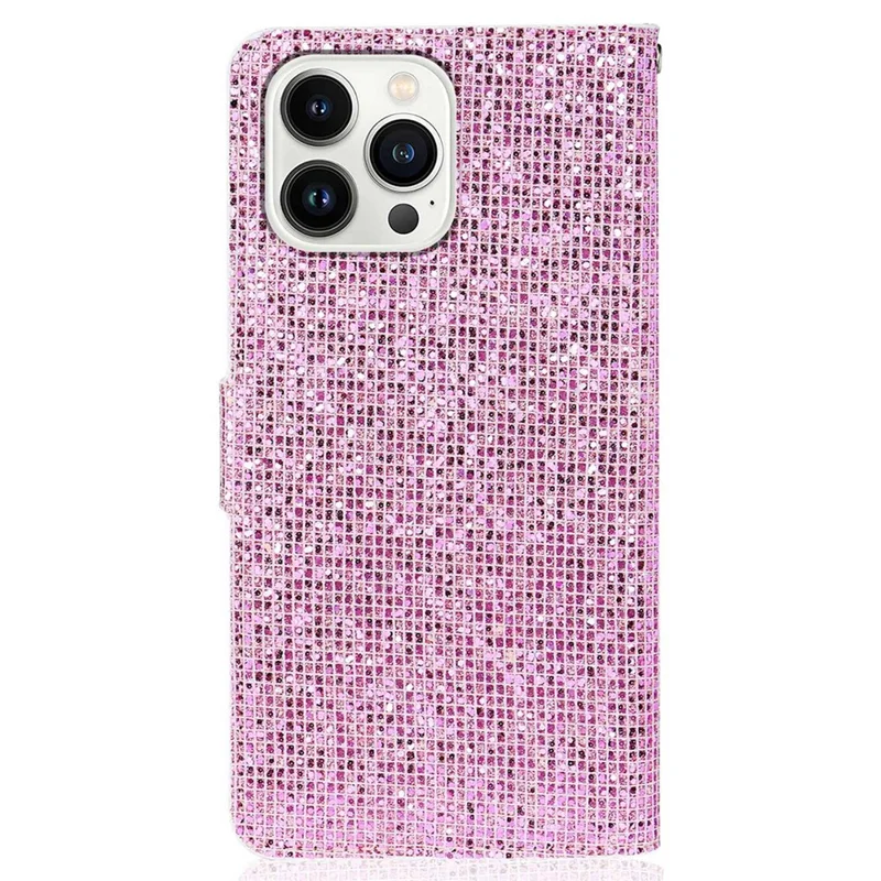 For iPhone 14 Pro 6.1 inch Glitter PU Leather Stand Wallet Style Phone Case Bling Folio Flip Protector with Hand Strap - Pink
