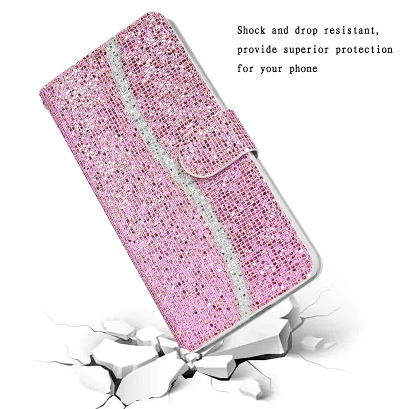For iPhone 14 Pro 6.1 inch Glitter PU Leather Stand Wallet Style Phone Case Bling Folio Flip Protector with Hand Strap - Pink