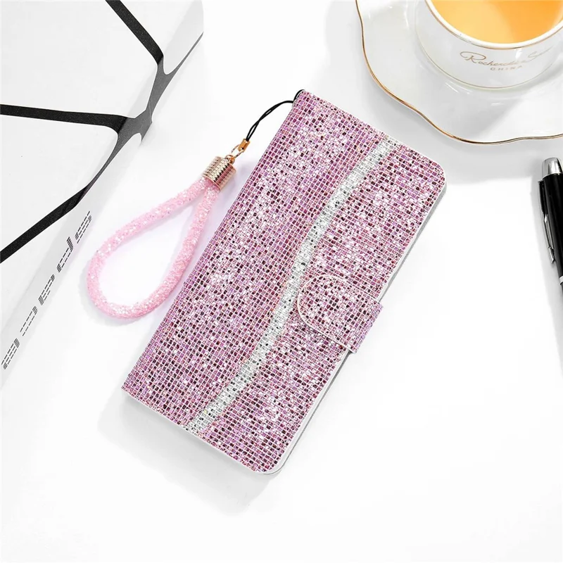 For iPhone 14 Pro 6.1 inch Glitter PU Leather Stand Wallet Style Phone Case Bling Folio Flip Protector with Hand Strap - Pink