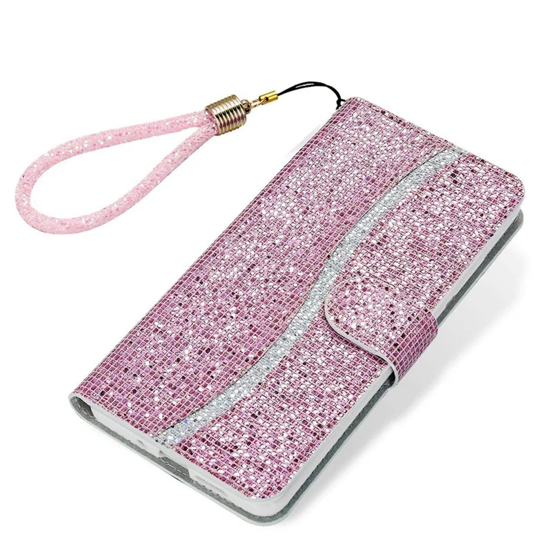 For iPhone 14 Pro 6.1 inch Glitter PU Leather Stand Wallet Style Phone Case Bling Folio Flip Protector with Hand Strap - Pink