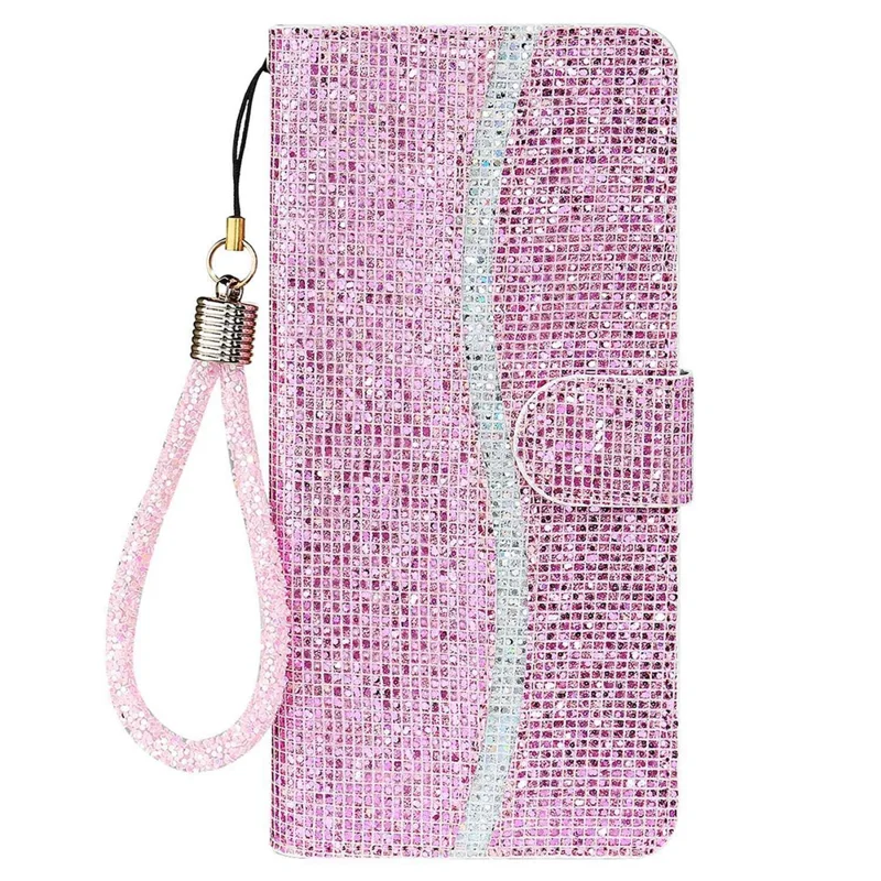 For iPhone 14 Pro 6.1 inch Glitter PU Leather Stand Wallet Style Phone Case Bling Folio Flip Protector with Hand Strap - Pink