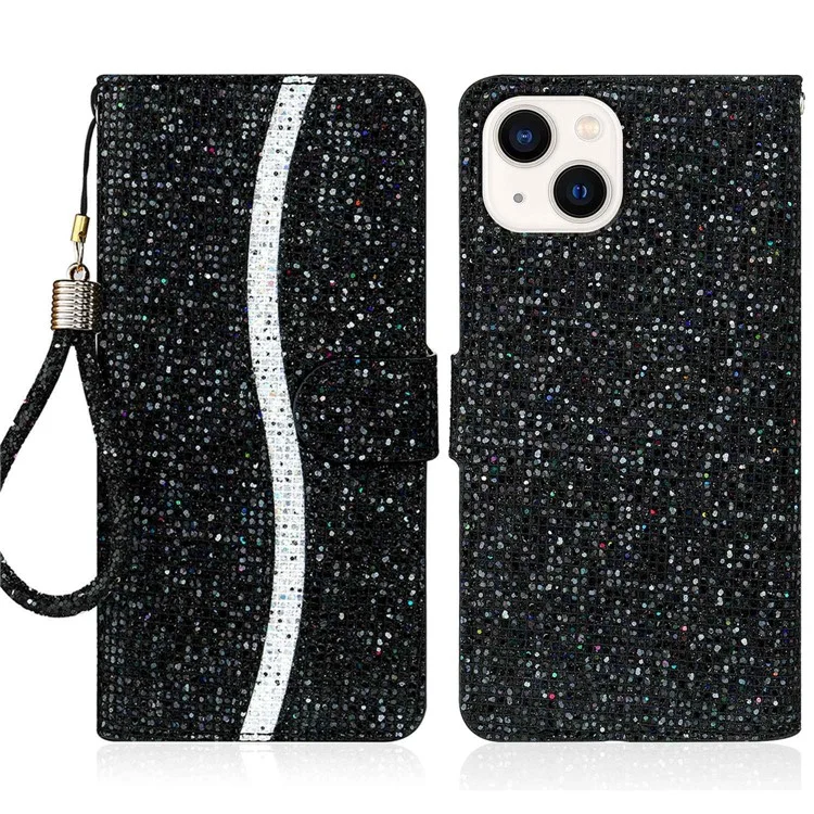 Per Iphone 14 Max da 6,7 ​​pollici Bling Bling pe Piegabile Stand Pollet Case Del Portafoglio Flip Shell Con Cinturino da Polso - Nero