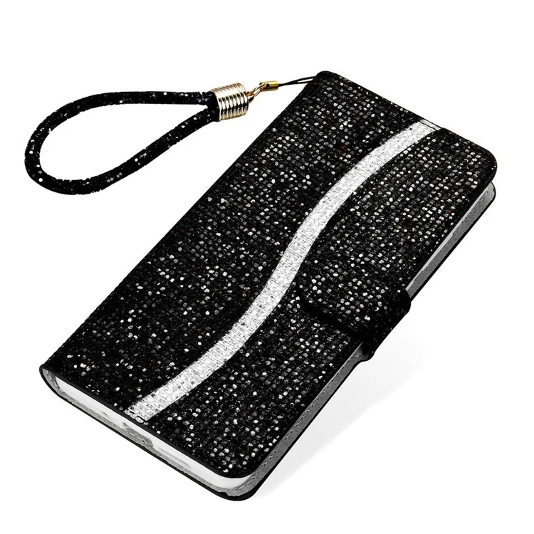 Per Iphone 14 Max da 6,7 ​​pollici Bling Bling pe Piegabile Stand Pollet Case Del Portafoglio Flip Shell Con Cinturino da Polso - Nero