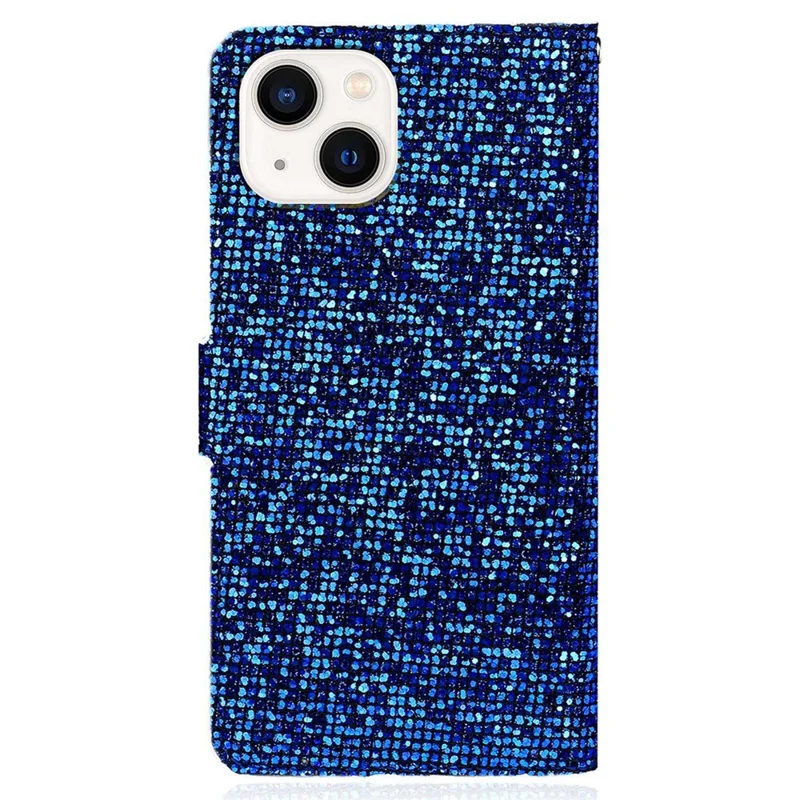 For iPhone 14 Plus Glitter Bling PU Leather Foldable Stand Phone Case Wallet Style Flip Shell with Wrist Strap - Blue