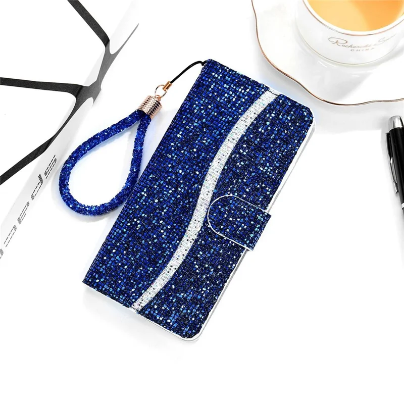 For iPhone 14 Plus Glitter Bling PU Leather Foldable Stand Phone Case Wallet Style Flip Shell with Wrist Strap - Blue