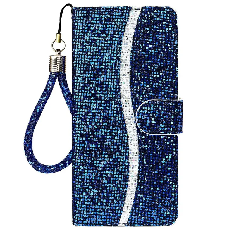 For iPhone 14 Plus Glitter Bling PU Leather Foldable Stand Phone Case Wallet Style Flip Shell with Wrist Strap - Blue