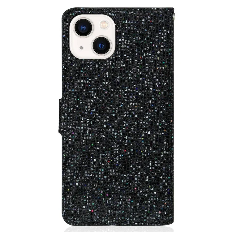 For iPhone 14 6.1 inch Glitter Bling PU Leather Wallet Style Phone Case Adjustable Stand Flip Shell with Hand Strap - Black