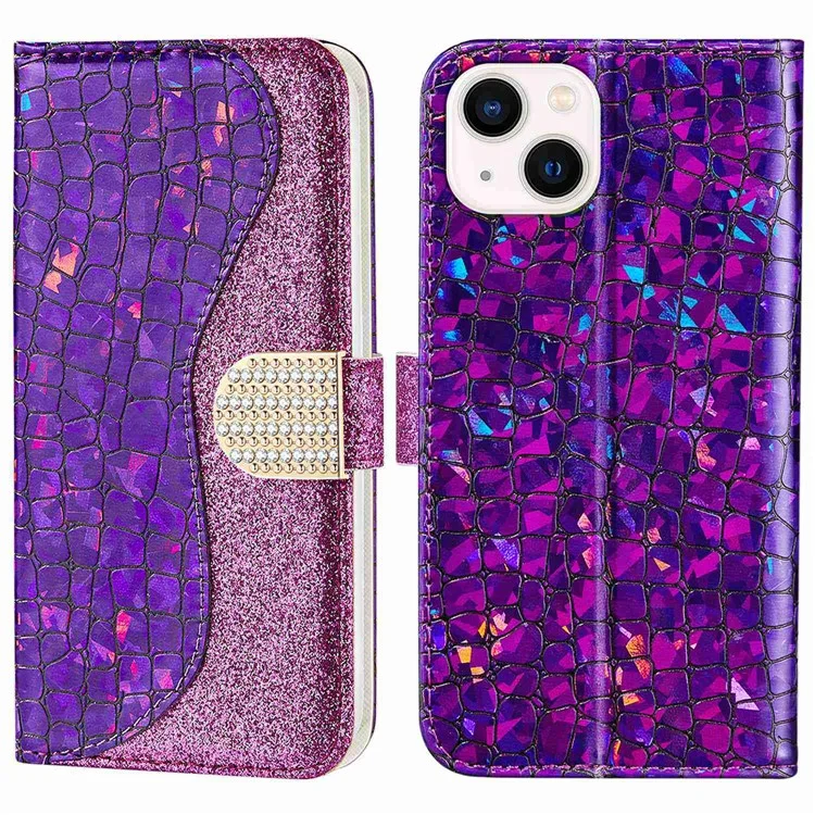For iPhone 14 Plus Sparkly Glitter Splicing Stand Anti-fall Cover Crocodile Texture Scratch-resistant PU Leather Wallet Shell - Purple