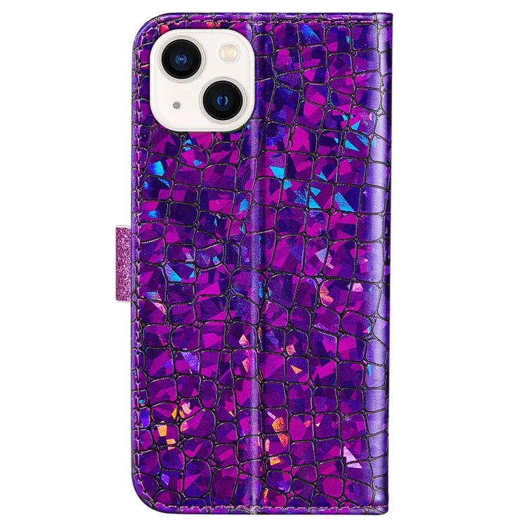 For iPhone 14 Plus Sparkly Glitter Splicing Stand Anti-fall Cover Crocodile Texture Scratch-resistant PU Leather Wallet Shell - Purple