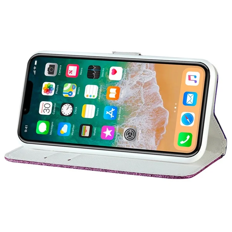 For iPhone 14 Plus Sparkly Glitter Splicing Stand Anti-fall Cover Crocodile Texture Scratch-resistant PU Leather Wallet Shell - Purple