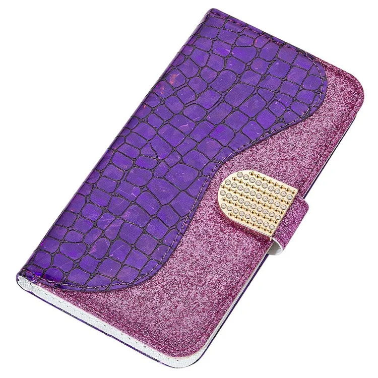 For iPhone 14 Plus Sparkly Glitter Splicing Stand Anti-fall Cover Crocodile Texture Scratch-resistant PU Leather Wallet Shell - Purple