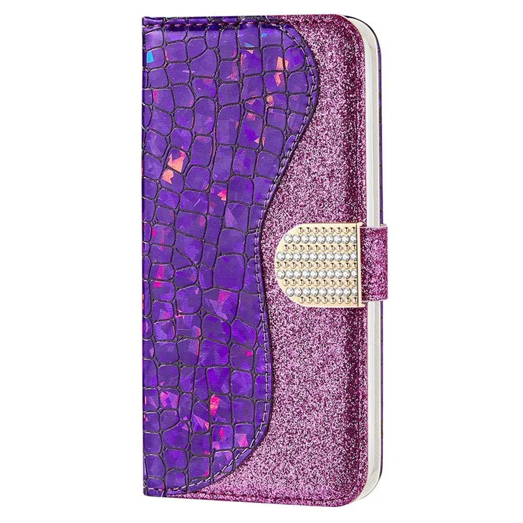 For iPhone 14 Plus Sparkly Glitter Splicing Stand Anti-fall Cover Crocodile Texture Scratch-resistant PU Leather Wallet Shell - Purple