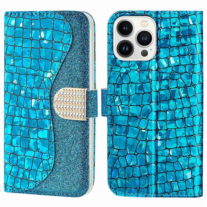 For iPhone 14 Pro 6.1 inch Sparkly Glitter Splicing Stand Phone Cover Crocodile Texture Shockproof PU Leather Wallet Flip Case - Blue