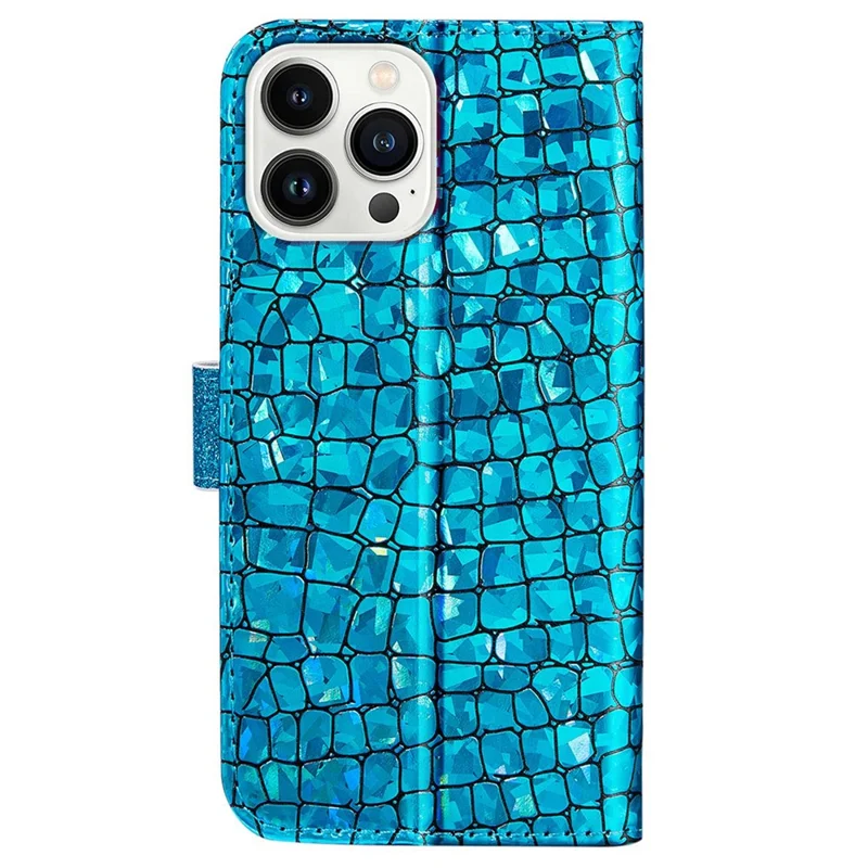 For iPhone 14 Pro 6.1 inch Sparkly Glitter Splicing Stand Phone Cover Crocodile Texture Shockproof PU Leather Wallet Flip Case - Blue