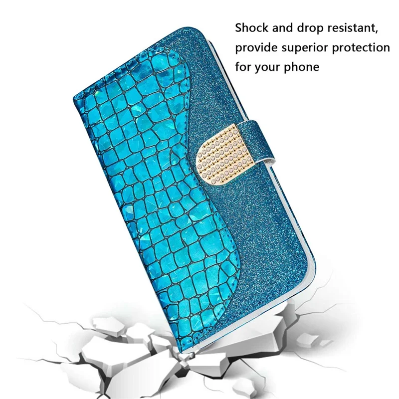 For iPhone 14 Pro 6.1 inch Sparkly Glitter Splicing Stand Phone Cover Crocodile Texture Shockproof PU Leather Wallet Flip Case - Blue