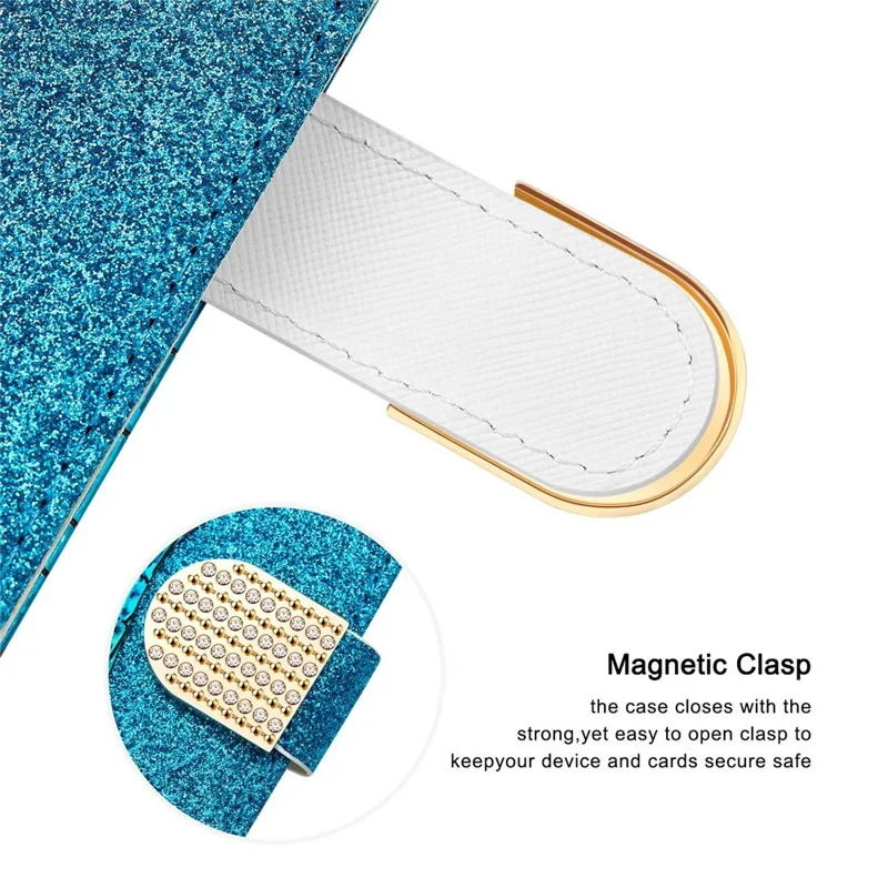 For iPhone 14 Pro 6.1 inch Sparkly Glitter Splicing Stand Phone Cover Crocodile Texture Shockproof PU Leather Wallet Flip Case - Blue