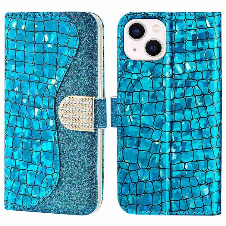 For iPhone 14 6.1 inch Sparkly Glitter Splicing Stand Phone Cover Crocodile Texture Anti-wear PU Leather Wallet Style Shell - Blue