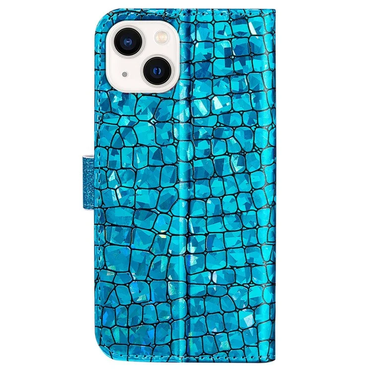 For iPhone 14 6.1 inch Sparkly Glitter Splicing Stand Phone Cover Crocodile Texture Anti-wear PU Leather Wallet Style Shell - Blue
