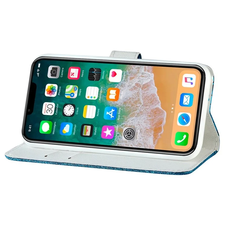 For iPhone 14 6.1 inch Sparkly Glitter Splicing Stand Phone Cover Crocodile Texture Anti-wear PU Leather Wallet Style Shell - Blue