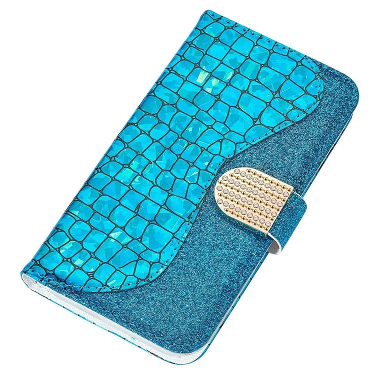 For iPhone 14 6.1 inch Sparkly Glitter Splicing Stand Phone Cover Crocodile Texture Anti-wear PU Leather Wallet Style Shell - Blue