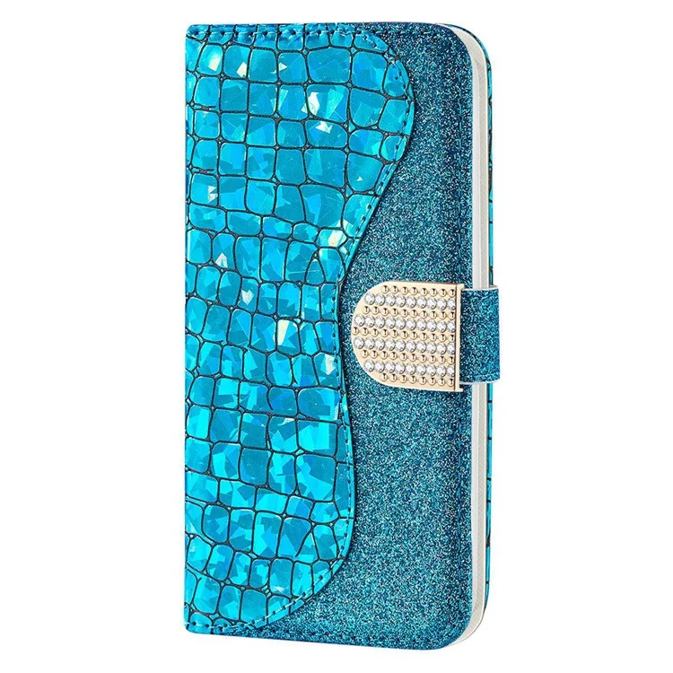 For iPhone 14 6.1 inch Sparkly Glitter Splicing Stand Phone Cover Crocodile Texture Anti-wear PU Leather Wallet Style Shell - Blue