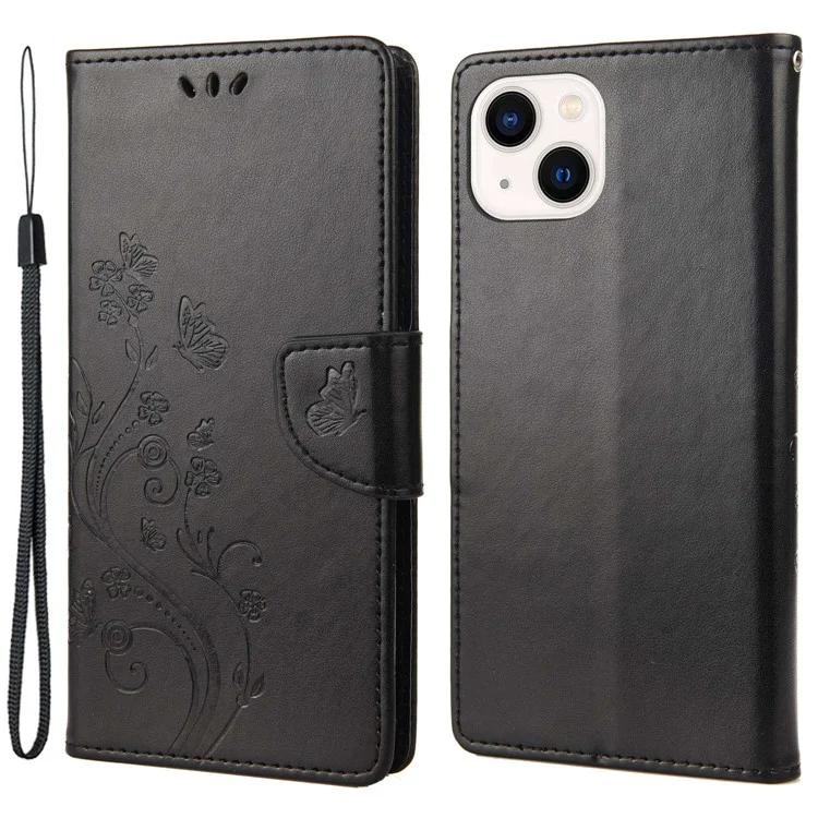 For iPhone 14 Plus Mobile Phone Case Wallet Stand Anti-scratch Imprinted Flower Butterflies Leather Phone Shell - Black