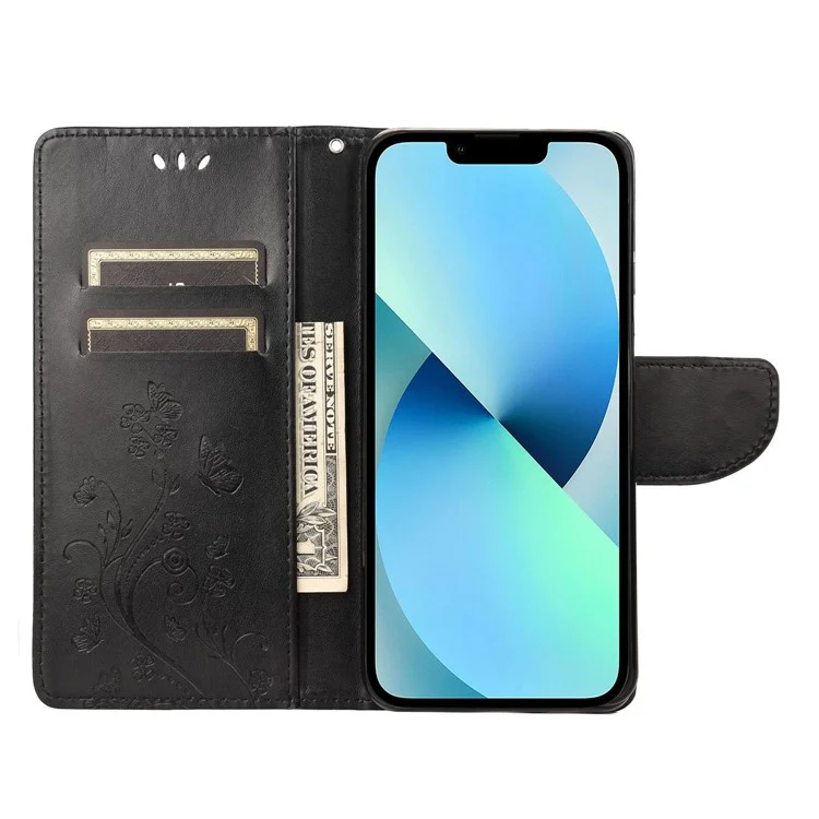For iPhone 14 Plus Mobile Phone Case Wallet Stand Anti-scratch Imprinted Flower Butterflies Leather Phone Shell - Black