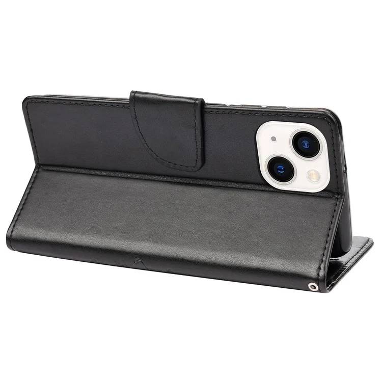 For iPhone 14 Plus Mobile Phone Case Wallet Stand Anti-scratch Imprinted Flower Butterflies Leather Phone Shell - Black
