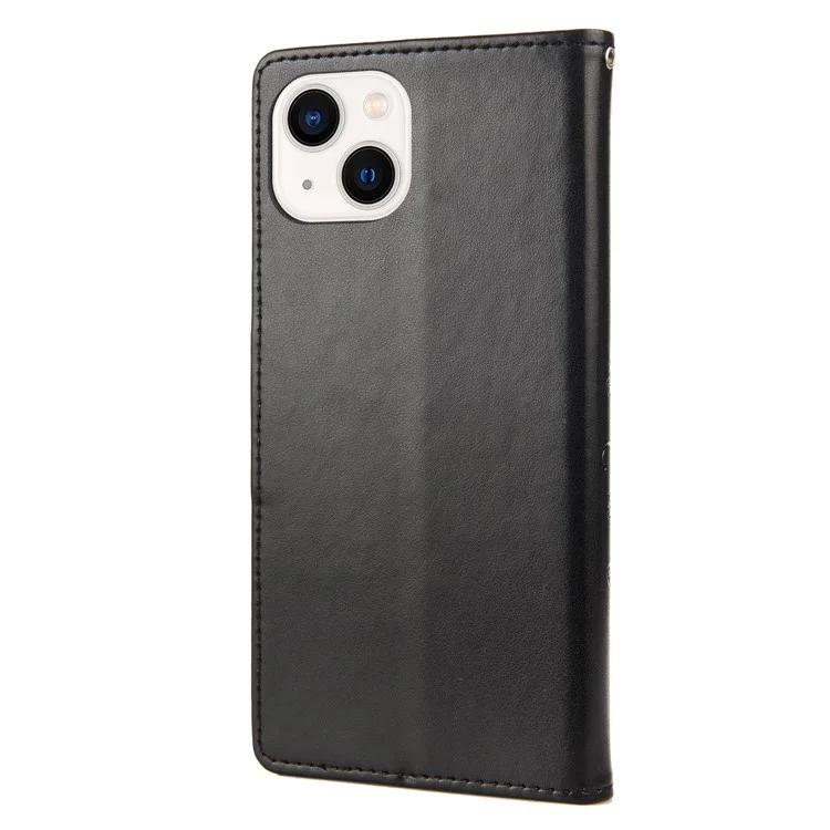 For iPhone 14 Plus Mobile Phone Case Wallet Stand Anti-scratch Imprinted Flower Butterflies Leather Phone Shell - Black