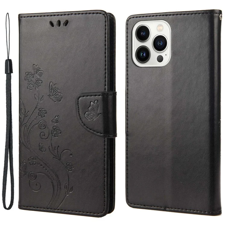 Para Iphone 14 Pro Máximo de 6,7 Polegadas Impresso Butterflies Flor Leather Telefone Caixa de Celular Stand Stand Phone Bag - Preto