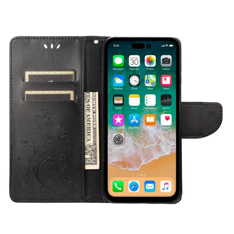 Para Iphone 14 Pro Máximo de 6,7 Polegadas Impresso Butterflies Flor Leather Telefone Caixa de Celular Stand Stand Phone Bag - Preto