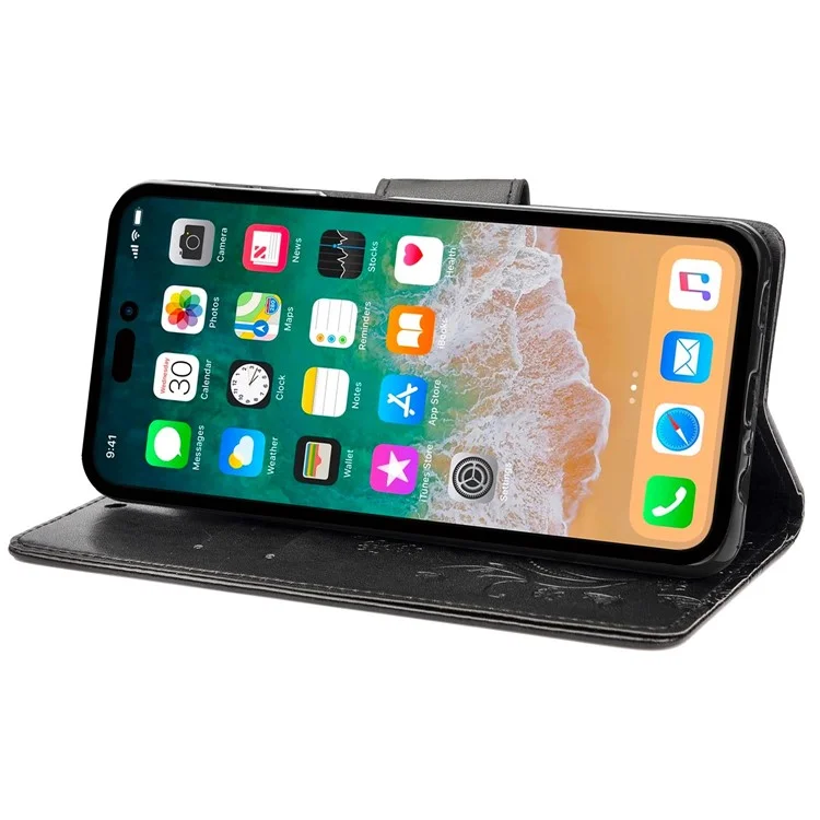 Para Iphone 14 Pro Máximo de 6,7 Polegadas Impresso Butterflies Flor Leather Telefone Caixa de Celular Stand Stand Phone Bag - Preto