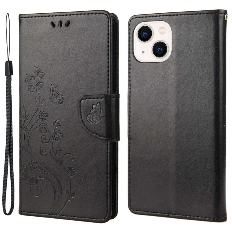 For iPhone 14 6.1 inch Smartphone Shell Imprinted Butterflies Leather Mobile Phone Case Wallet Stand Covering - Black