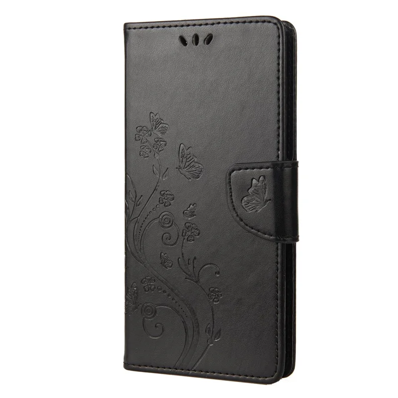 For iPhone 14 6.1 inch Smartphone Shell Imprinted Butterflies Leather Mobile Phone Case Wallet Stand Covering - Black