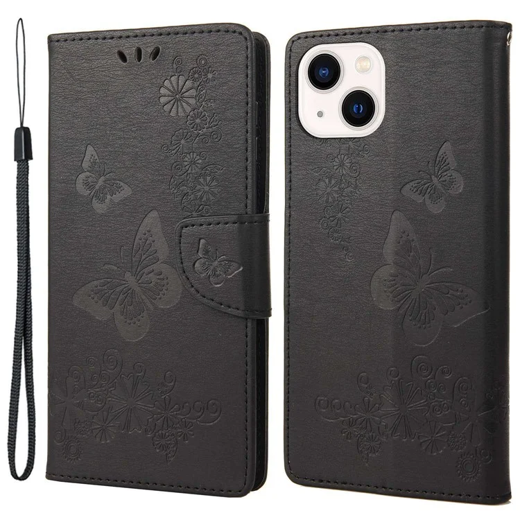 Pour Iphone 14 Max de 6,7 Pouces à Poussière Téléphone PU le Cuir Big Papillons Motif de Fleur de Motif de Fleur - le Noir