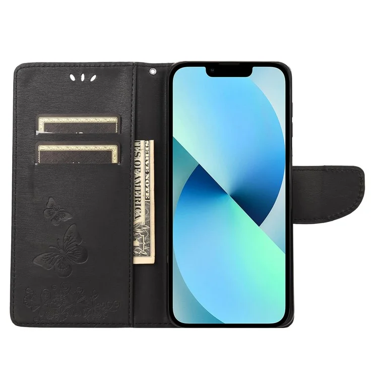 Pour Iphone 14 Max de 6,7 Pouces à Poussière Téléphone PU le Cuir Big Papillons Motif de Fleur de Motif de Fleur - le Noir
